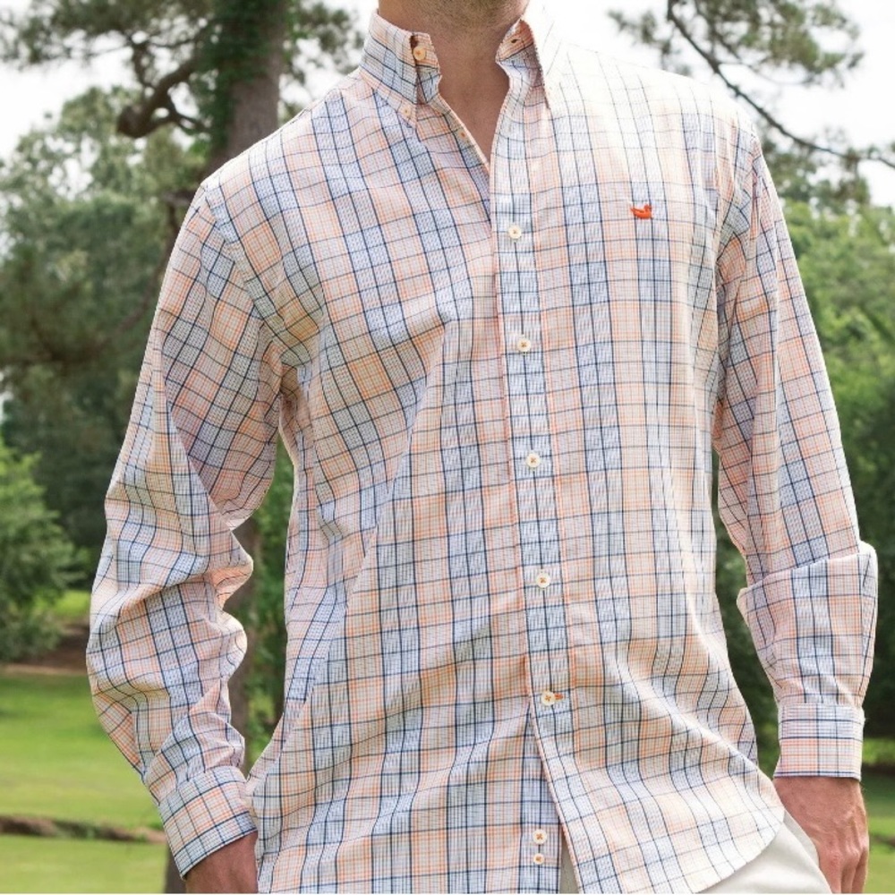 Southern Marsh Men’s button up dress shirt. Blue and orange plaid. NWT